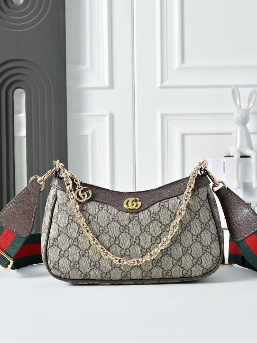 Gucci Ophidia mini bag GG Canvas Shoulder Bag with Brown Leather & Gold Chain